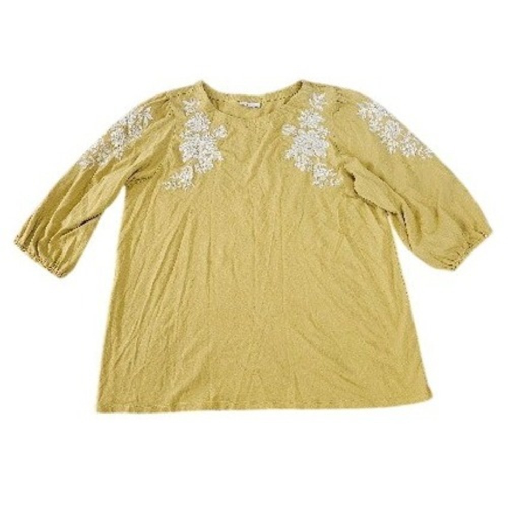 J. Jill Embroidered Top Women Large Tall Mustard Yellow White Floral Boho Blouse